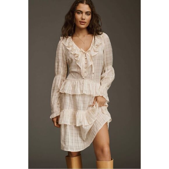 NEW By Anthropologie Long-Sleeve Ivoery Cream Sheer Ruffled Tunic Dress Medium - Picture 1 of 4